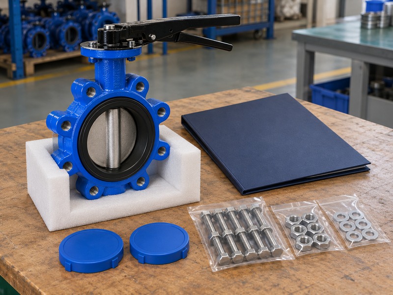 dn80 butterfly valve price — unbranded lug butterfly valve in a foam cradle beside a blank folder, loose bore covers and bagged fasteners