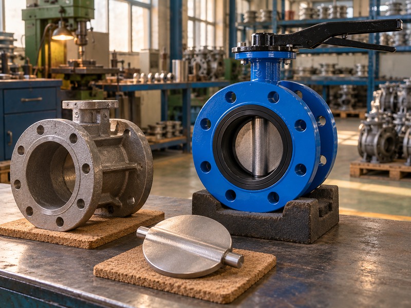 dn80 butterfly valve price — unbranded double-flanged butterfly valve beside a bare cast body and a separate metallic disc