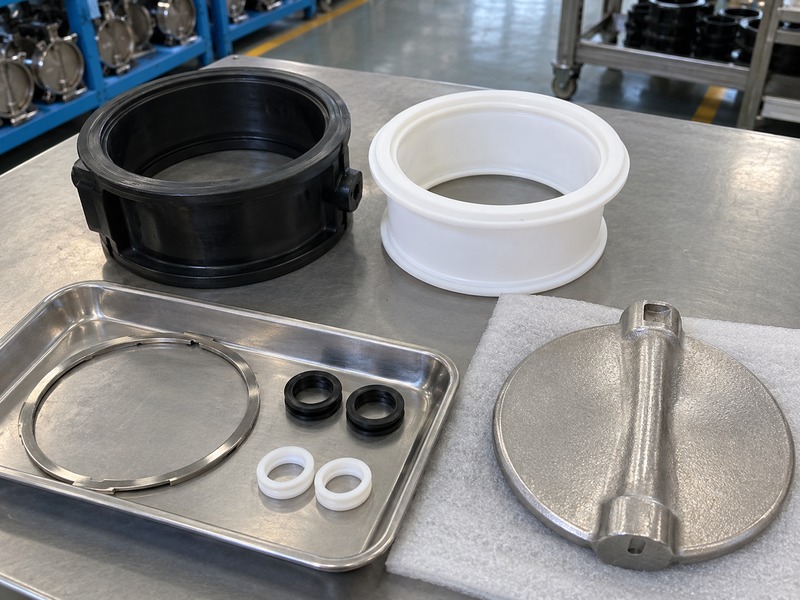 dn80 butterfly valve price — separate black and white seat sleeves beside a split metal ring, small sealing rings and a loose butterfly disc