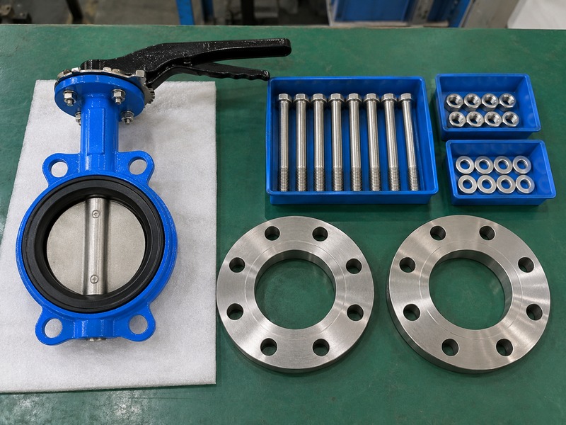 dn80 butterfly valve price — unbranded wafer butterfly valve beside two loose mating flanges and separately arranged bolts, nuts and washers