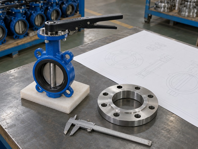 dn80 butterfly valve price — unbranded wafer valve beside a loose flange, a caliper at rest and a geometry drawing sheet