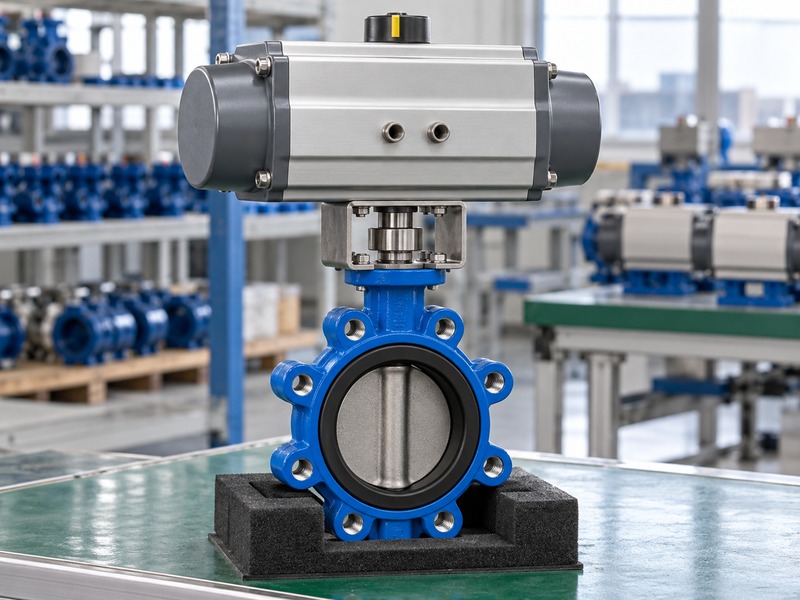 dn80 butterfly valve price — unbranded lug butterfly valve with a bracket-mounted pneumatic actuator, coaxial coupling and disconnected air ports