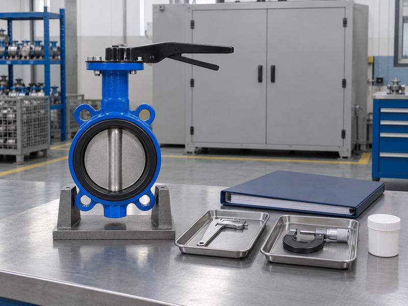 dn80 butterfly valve price — supported wafer butterfly valve beside a caliper and micrometer at rest, a plain binder and a closed cabinet