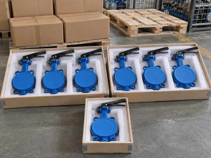 dn80 butterfly valve price — one covered wafer valve in an individual foam tray beside two three-valve foam dispatch trays
