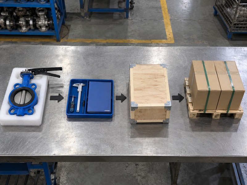 dn80 butterfly valve price — four-stage photographic flow of a wafer valve, inspection tools and binder, wooden crate and palletized carton