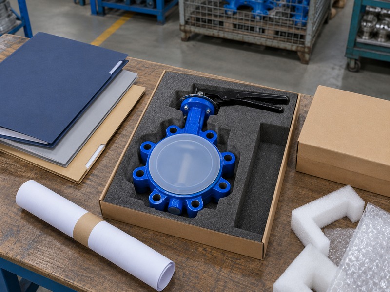 dn80 butterfly valve price — covered lug butterfly valve in a fitted foam tray beside plain folders, a rolled sheet and an accessory box