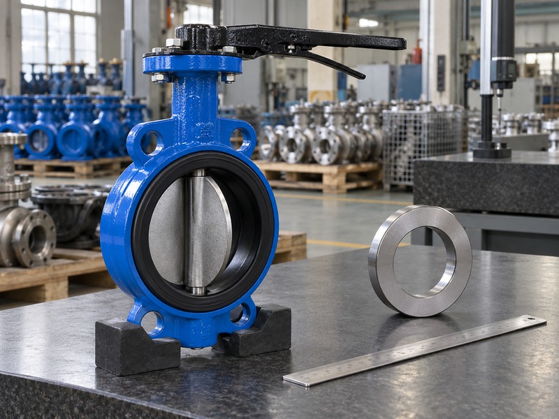 dn80 butterfly valve — unbranded DN80 wafer valve beside a ring gauge and steel rule at rest