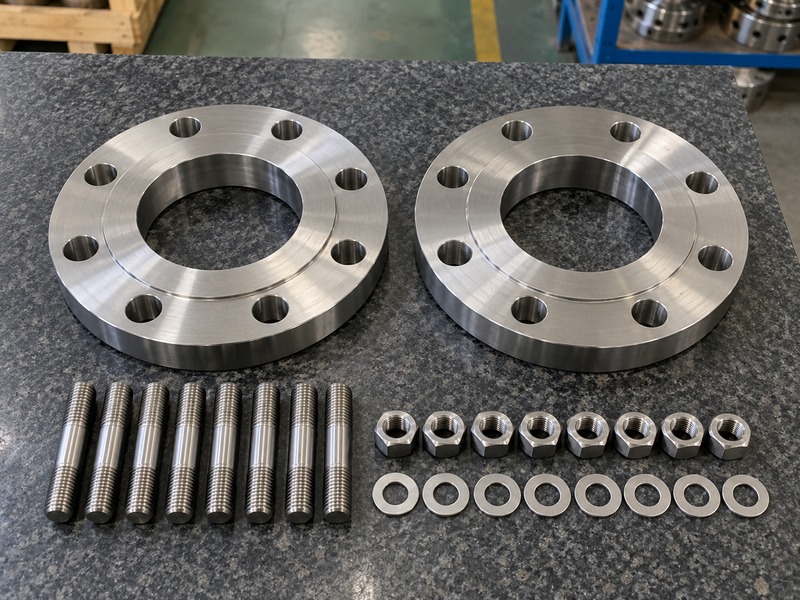 dn80 butterfly valve — two separate eight-hole flanges and fasteners laid out for interface review