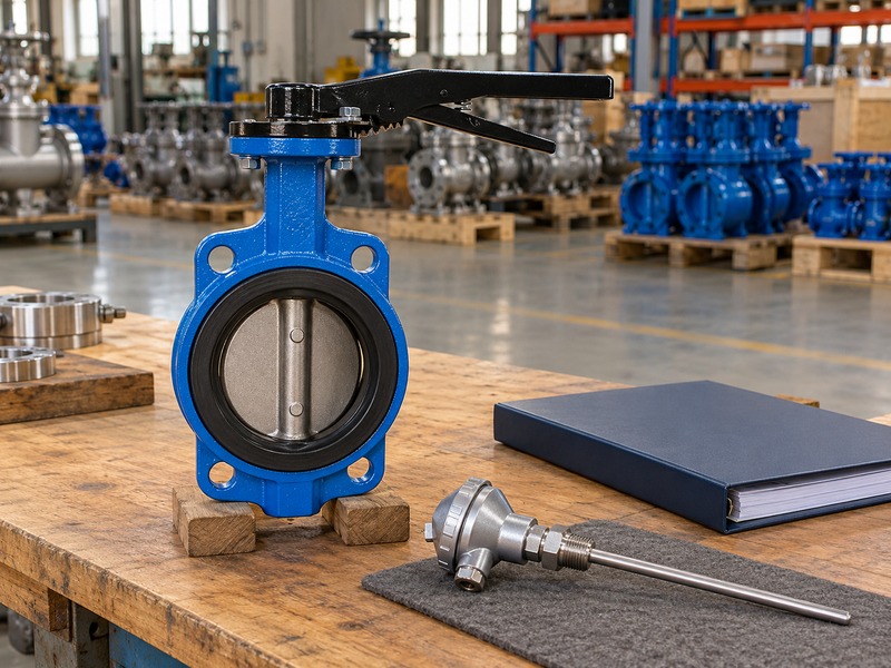 dn80 butterfly valve — supported valve and a temperature probe resting beside a blank specification folder