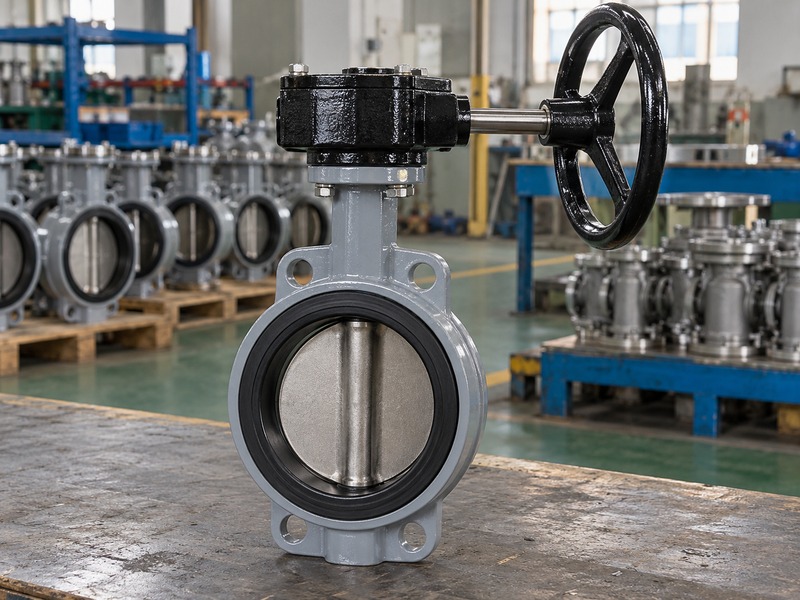 dn80 butterfly valve — wafer valve fitted with a supported manual worm gearbox and handwheel