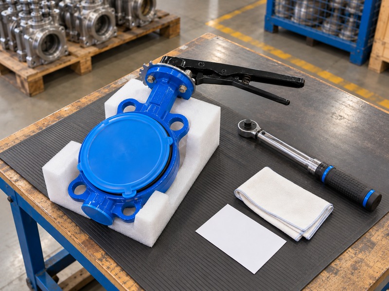dn80 butterfly valve — protected wafer valve at an installation preparation bench