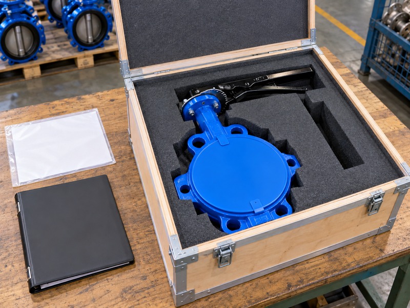 dn80 butterfly valve — protected valve in a fitted export tray beside a blank purchase folder