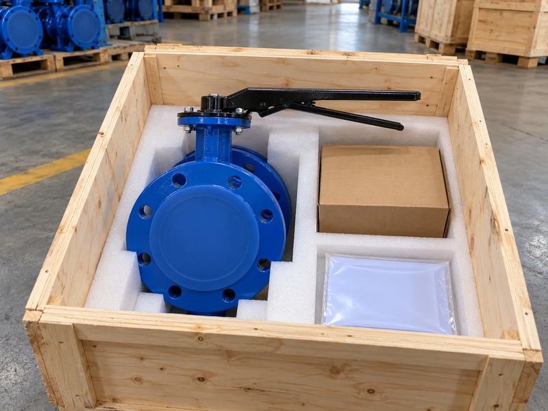 dn80 flanged butterfly valve — covered double-flanged butterfly valve in a foam-lined receiving crate beside an accessory box and document sleeve
