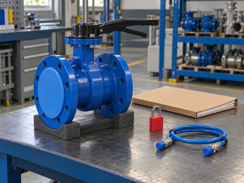 dn80 flanged butterfly valve — covered double-flanged butterfly valve beside a plain binder, a loose red padlock and a capped disconnected hose