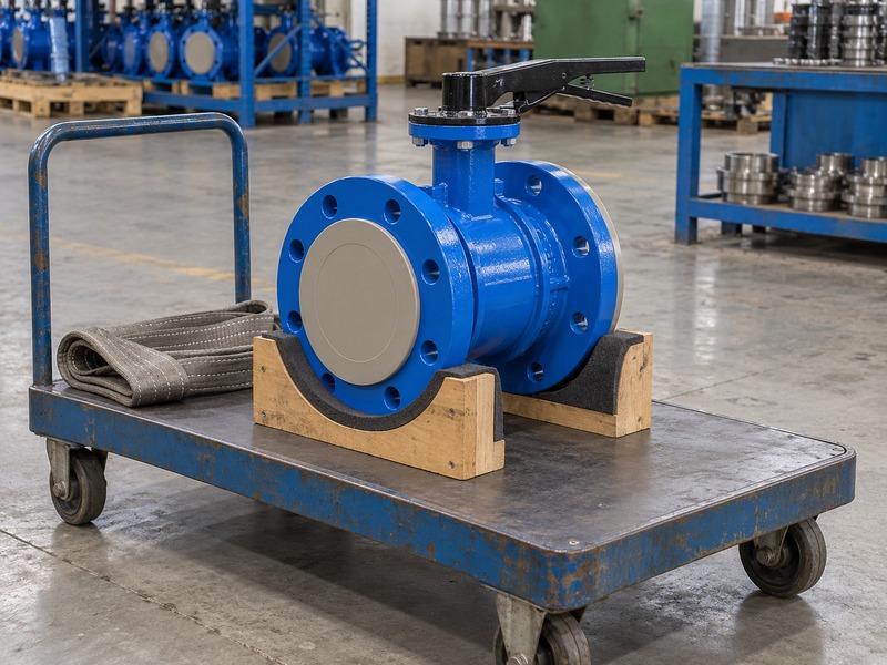 dn80 flanged butterfly valve — covered double-flanged butterfly valve resting on two padded saddles on a handling trolley beside folded lifting webbing