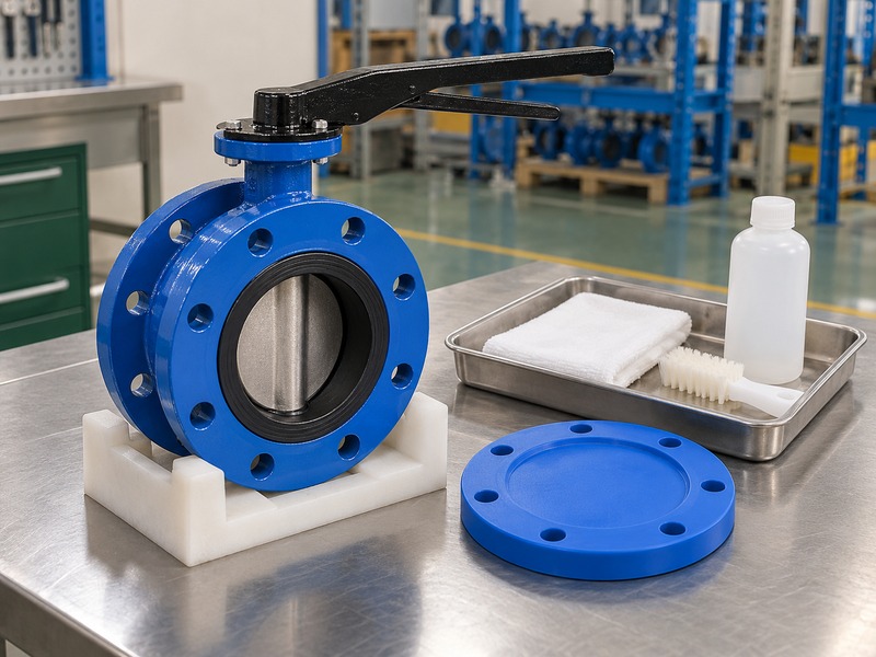 dn80 flanged butterfly valve — supported double-flanged butterfly valve with its bore exposed beside a removed protective cover, cloth and soft brush