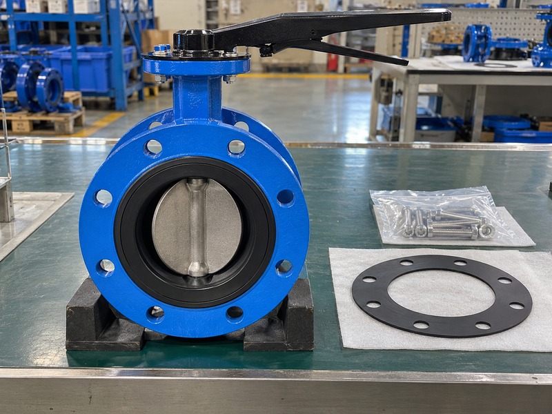 dn80 flanged butterfly valve — supported double-flanged butterfly valve beside a separate eight-hole full-face gasket and bagged fasteners