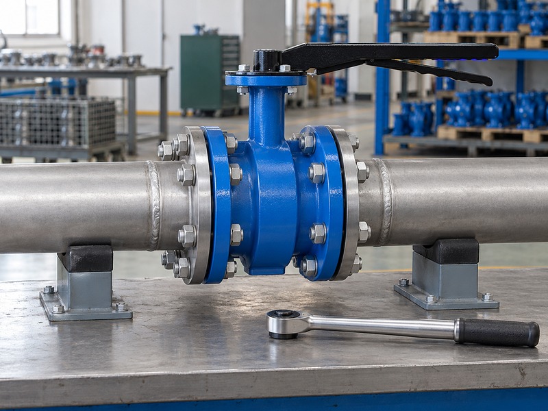 dn80 flanged butterfly valve — double-flanged butterfly valve between aligned supported pipe spools with a ratchet wrench at rest