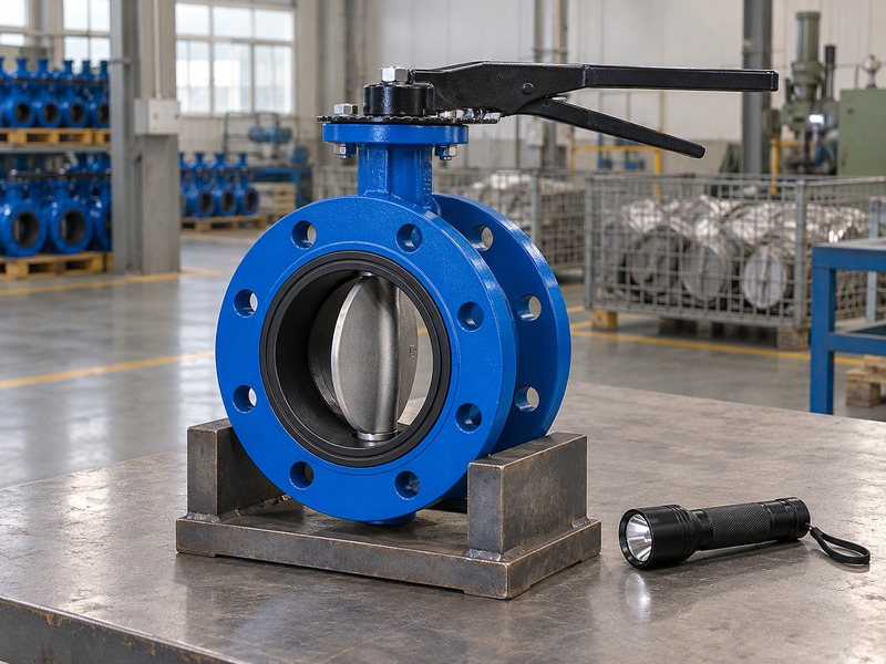 dn80 flanged butterfly valve — double-flanged butterfly valve with a partly open disc in a rigid inspection cradle beside a flashlight