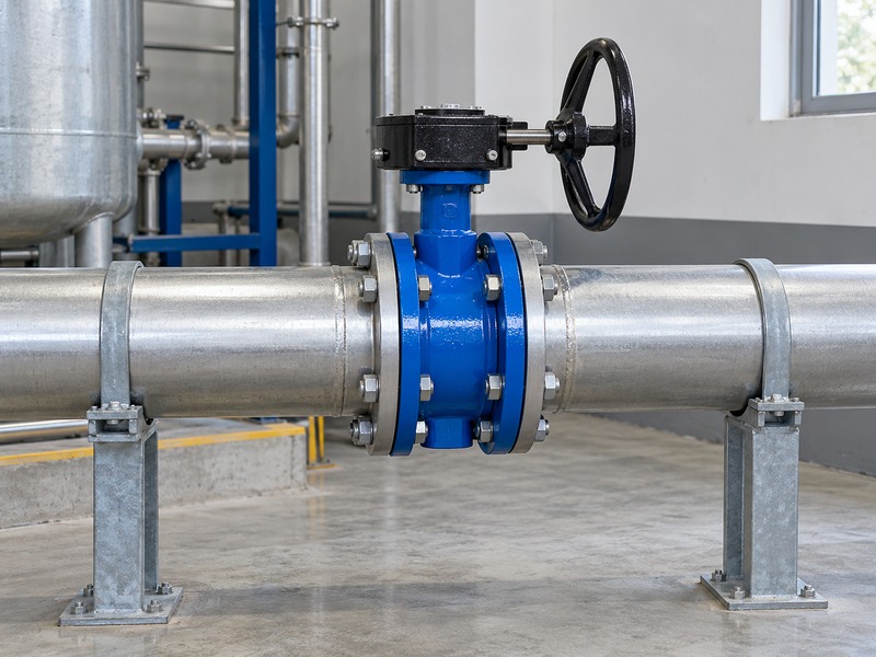 dn80 flanged butterfly valve — double-flanged butterfly valve with a manual gearbox and handwheel in an independently supported pipe run