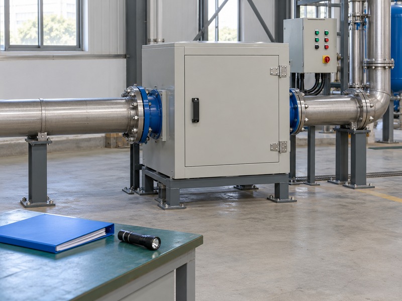 dn80 flanged butterfly valve — closed pipe-connected guarded enclosure with independently supported pipe runs and a plain binder on a nearby bench
