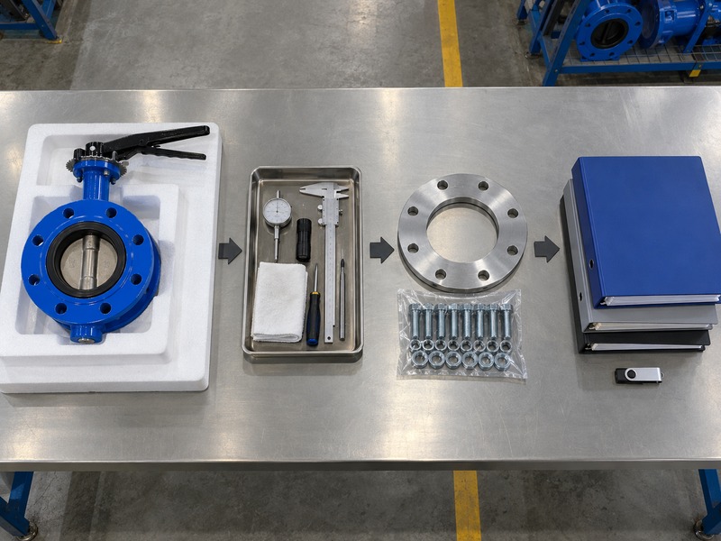 dn80 flanged butterfly valve — four-stage photographic handover flow of a supported valve, inspection tools, flange hardware and plain binders with a USB drive