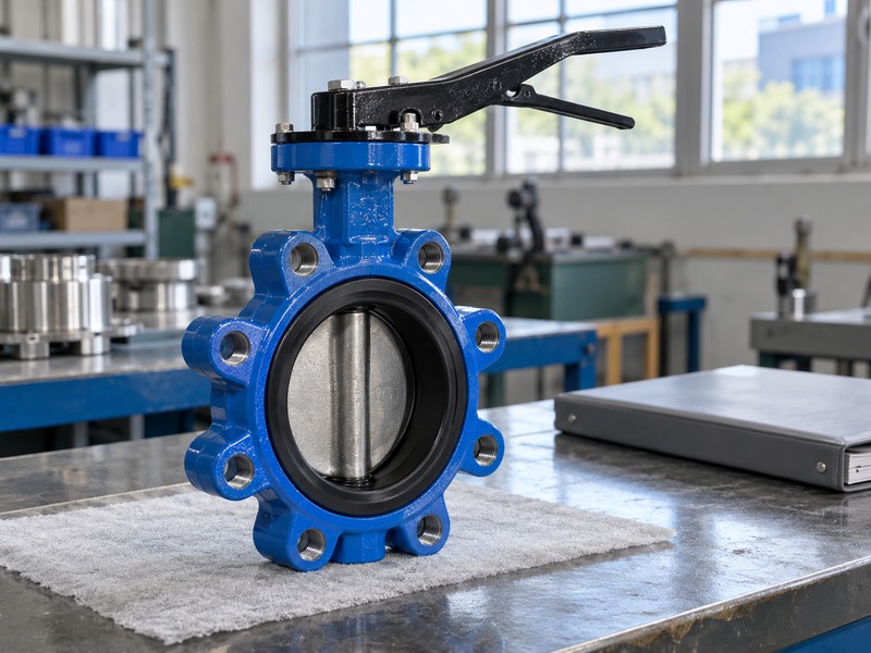 dn80 gas butterfly valve — Unbranded blue lug butterfly valve with black seat and metallic closed disc on a white pad beside a plain binder