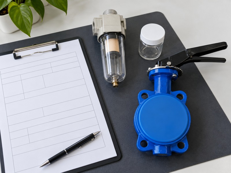 dn80 gas butterfly valve — Capped blue butterfly valve beside a detached transparent-bowl air filter, plain jar, blank worksheet and pen
