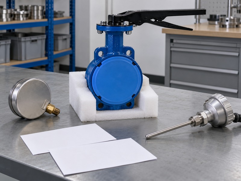 dn80 gas butterfly valve — Capped butterfly valve in white packing beside the back of a pressure instrument, a separate temperature probe and blank cards