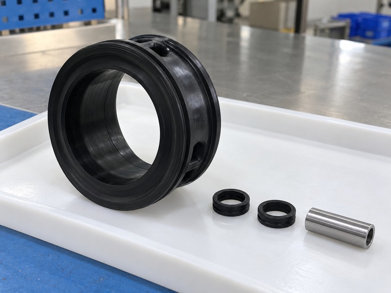 dn80 gas butterfly valve — Black butterfly-valve seat sleeve with two separate small black shaft seals and a hollow metal sleeve on a white tray