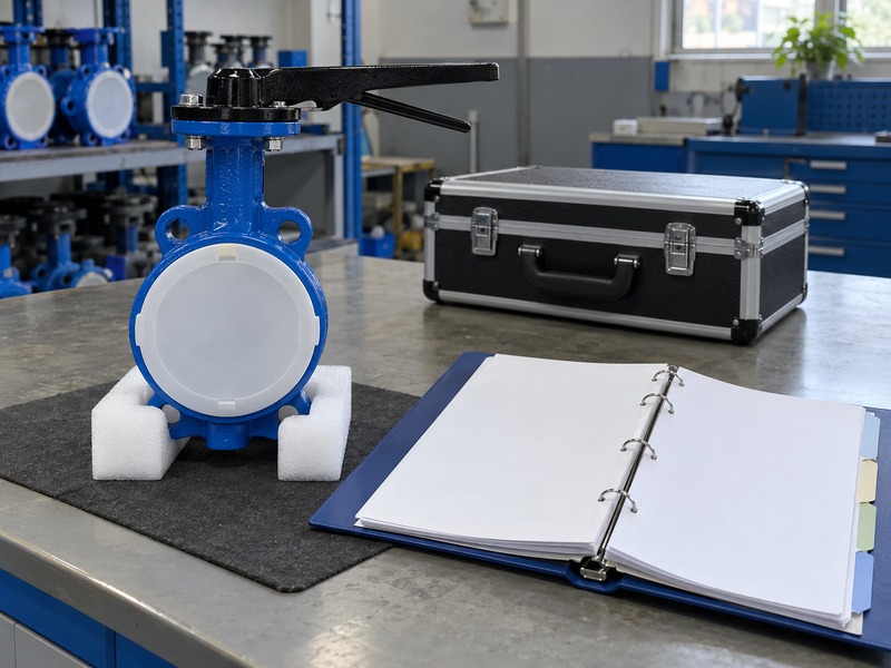 dn80 gas butterfly valve — White-capped blue butterfly valve beside an open blank ring binder and a closed black instrument case