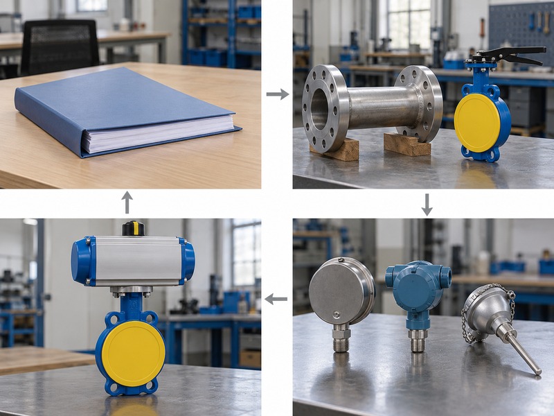 dn80 gas butterfly valve — Four-panel photographic review sequence showing a binder, pipe spool and capped valve, idle instruments, and an actuated capped valve