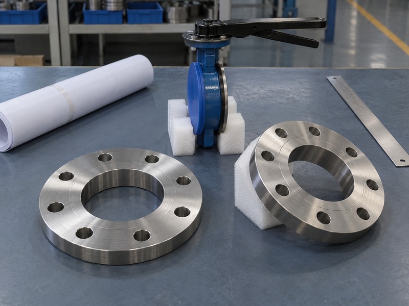 dn80 gas butterfly valve — Two loose machined ring flanges beside a side-on capped butterfly valve, rolled drawing and metal rule