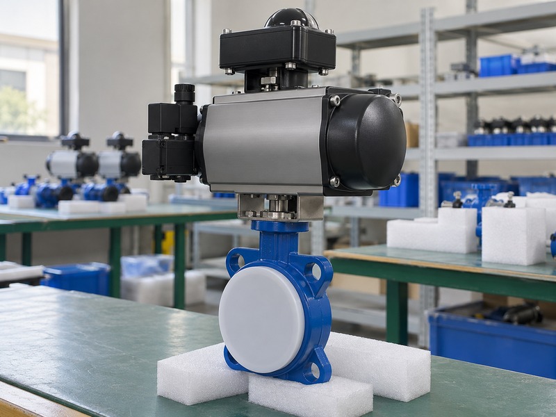dn80 gas butterfly valve — White-capped butterfly valve with a horizontal pneumatic actuator, side control block, top switch box and exposed mounting coupling