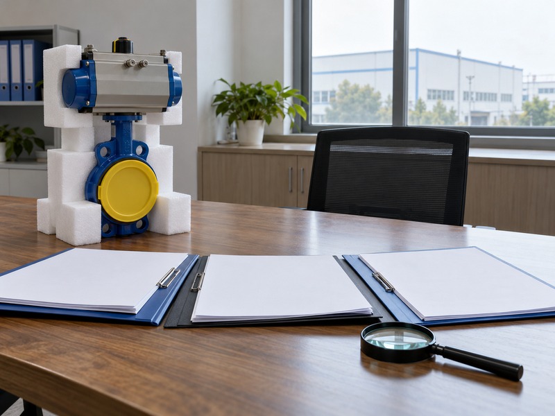 dn80 gas butterfly valve — Foam-supported yellow-capped actuated butterfly valve beside three blank clip folders and a magnifying glass