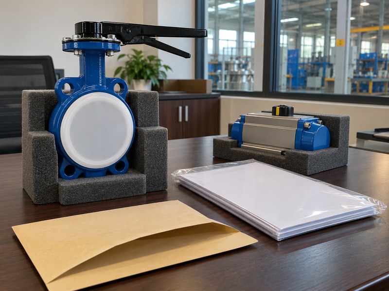 dn80 gas butterfly valve — Protected white-capped manual butterfly valve beside a separately packed pneumatic actuator, bagged blank papers and plain envelope