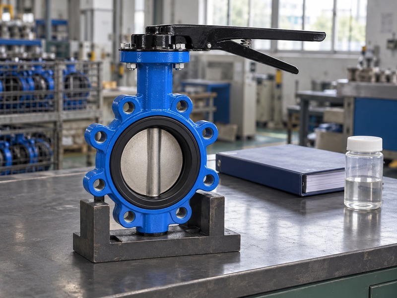dn80 pn16 butterfly valve — supported lug butterfly valve beside a closed plain binder and a capped clear-liquid bottle