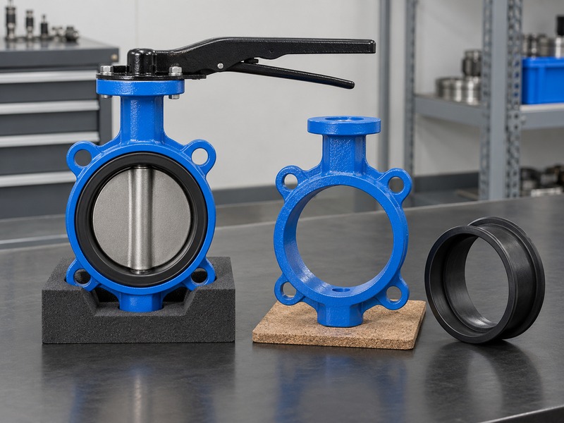 dn80 pn16 butterfly valve — closed-disc wafer butterfly valve beside a separate bare body and a loose dark seat sleeve