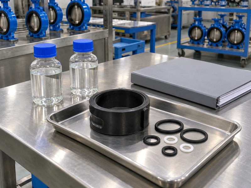 dn80 pn16 butterfly valve — two capped clear-liquid bottles beside a dark seat sleeve, loose sealing rings and a plain binder