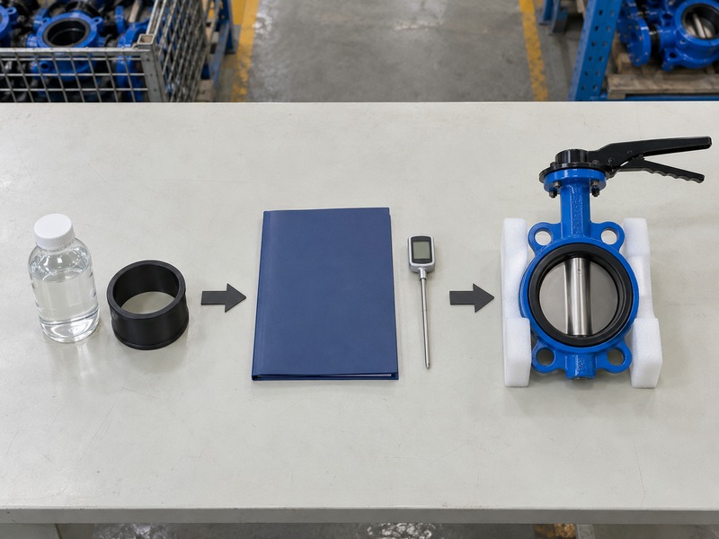dn80 pn16 butterfly valve — three-stage photographic review sequence of fluid and seat, binder and resting probe, and a supported wafer valve