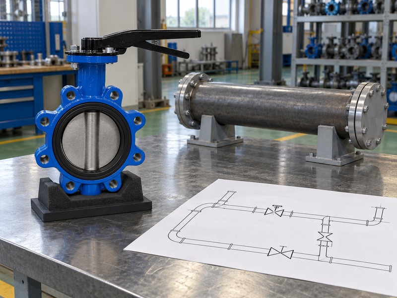 dn80 pn16 butterfly valve — supported lug butterfly valve beside a separate capped pipe spool and an unnumbered piping schematic