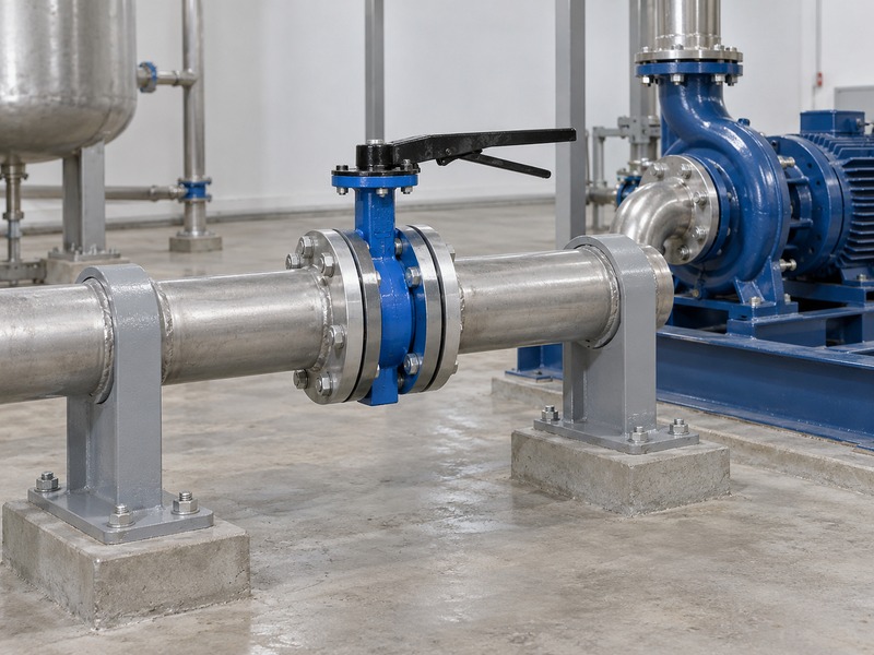 dn80 pn16 butterfly valve — wafer butterfly valve between supported pipe flanges beside a separately mounted centrifugal pump
