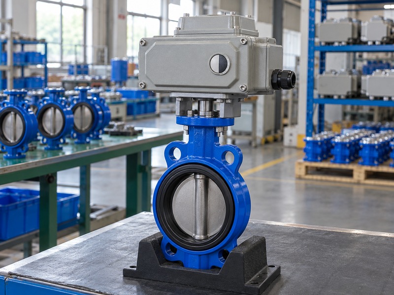 dn80 pn16 butterfly valve — unbranded wafer butterfly valve with a bracket-mounted electric actuator and visible coaxial coupling