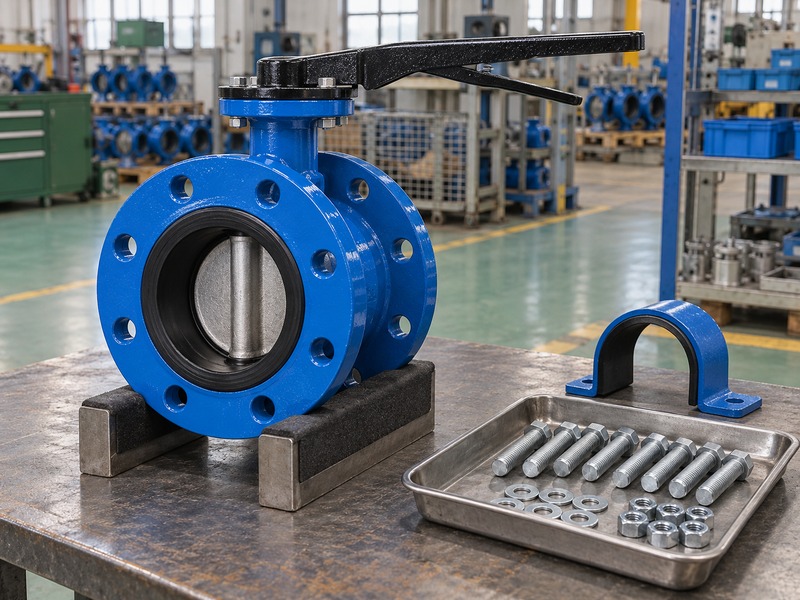 dn80 pn16 butterfly valve — supported double-flanged butterfly valve beside loose flange fasteners and a separate lined pipe-support saddle