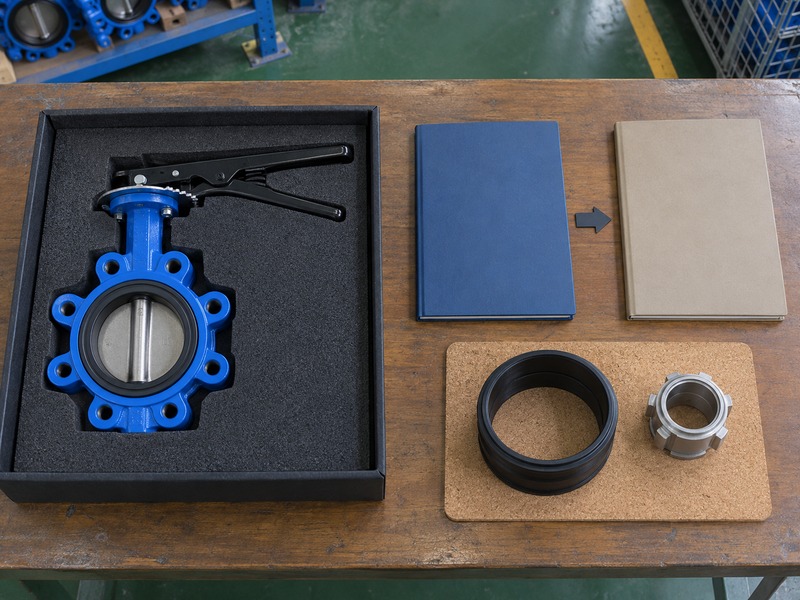 dn80 pn16 butterfly valve — lug butterfly valve in a fitted foam tray beside two plain folders, a loose dark seat sleeve and a metallic coupling