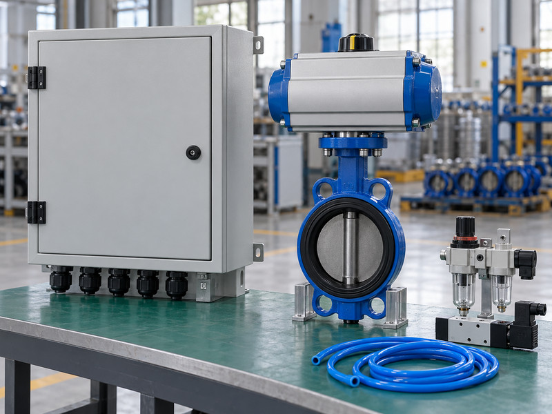 double acting actuator for butterfly valve systems: Closed industrial controller beside a valve