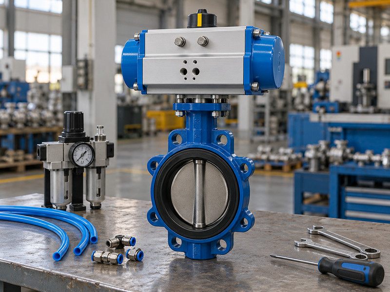 double acting actuator for butterfly valve systems: Valve assembly with service space