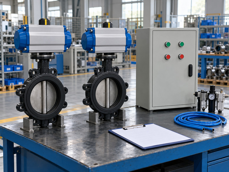 double acting actuator for butterfly valve systems: Two valve assemblies on a commissioning bench