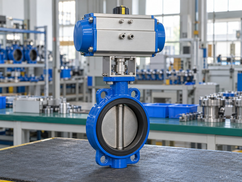 double acting butterfly valve factories: Pneumatic butterfly valve assembly on an inspection bench