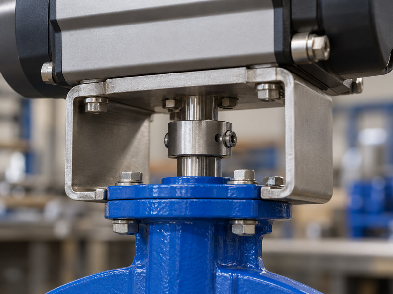double acting butterfly valve factories: Actuator bracket and aligned shaft coupling